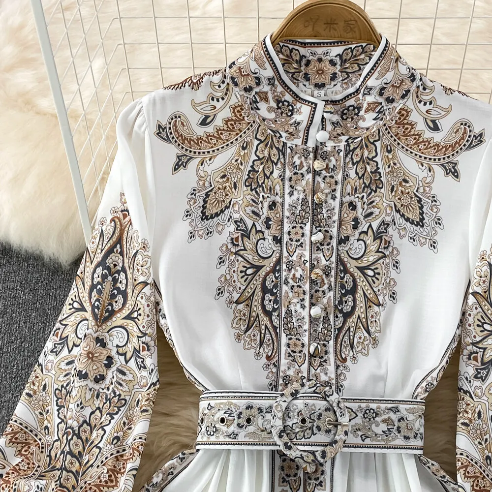 Women Vintage Long Dress Fashion Print A-line Ruffled Elegant Floral Party Dresses Ladies Long Sleeve Casual Long Robe Vestidos