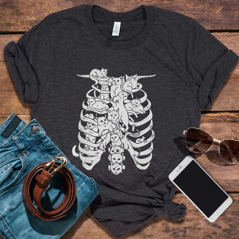 

Cat Ribcage T Shirt Women Goth Clothing Summer Gothic Shirts Soft Goth Vintage Clothes Casual Cat Lady Clothes Aesthetic