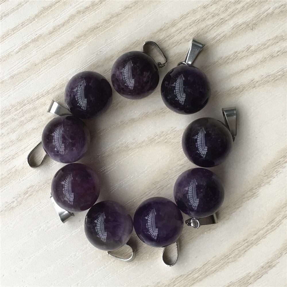 Wholesale 24PC/Lot Fashion Natural Amethysts Purple Crystal Stone Round Ball Pendant Necklace For Womem Jewelry Making 14MM