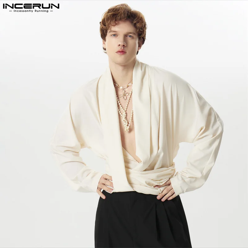 

INCERUN 2024 Men's Irregular Shirt Solid Color Deep V Neck Long Sleeve Streetwear Casual Men Clothing Sexy Fashion Camisas S-5XL