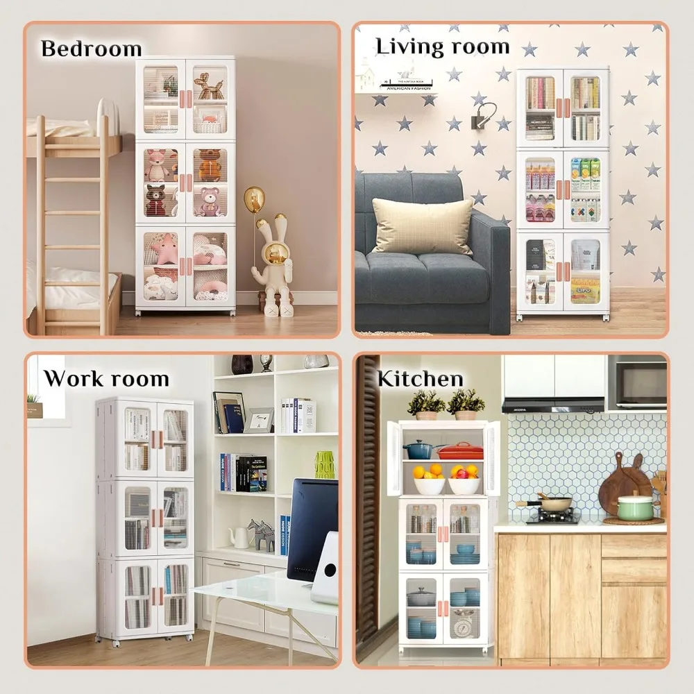 3-Tier Stackable Storage Cabinet Portable Pantry Organizer with Locking Wheels Customizable Closet Cupboard Home Organization