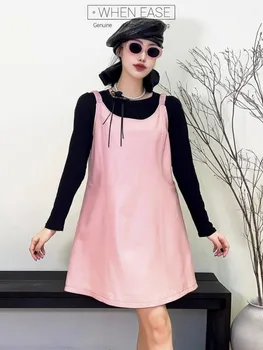 Dolce donna rosa pelle di pecora cinturino in vera pelle abito autunno nuovo morbido pelle slim fit bretelle mini abito casual streetwear 1