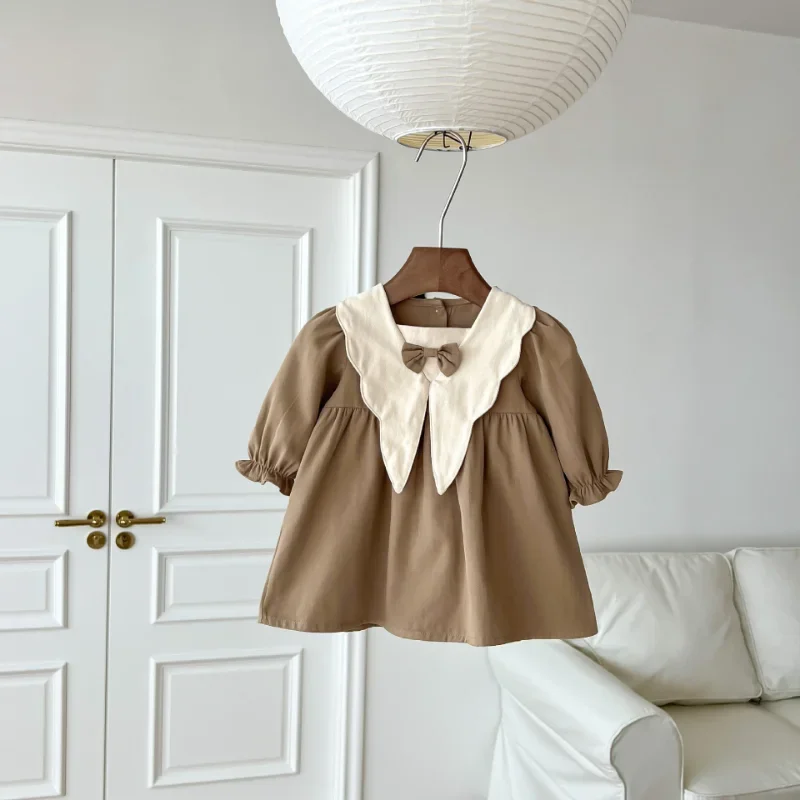 Korean Style Spring Autumn Baby Girl Dress Khaki/Coffee Patchwork Turn-Down Collar Retro Princess
