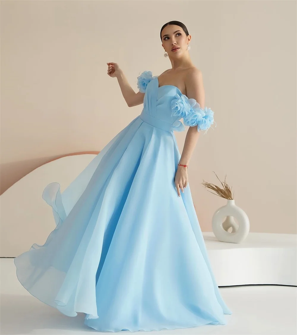 

Intricate Exquisite Chiffon Pleat Draped Handmade Flower Feather A-line Off-the-shoulder Long Dresses Cocktail Dresses Fashion