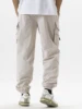 Multi Pockets Solid Color Casual Cargo Pants Mid-Rise Elastic Waistband Drawstring Shrinkable Cuffs Men Sweatpants 6