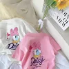 Girls Pink Tshirt Daisy Print Short Sleeve Tops Casual Fashion Versatile Tees Children New Round Neck Thin Loose Base Shirt 2