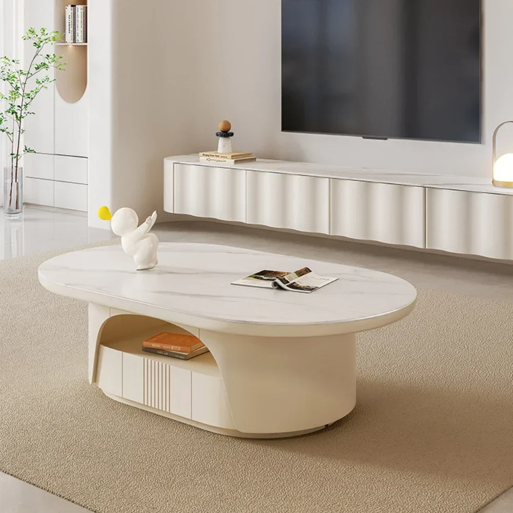 

Oval Stone Plate Coffee Table TV Cabinet Combination Cream Style Light Luxury Modern Minimalist Living Room Home