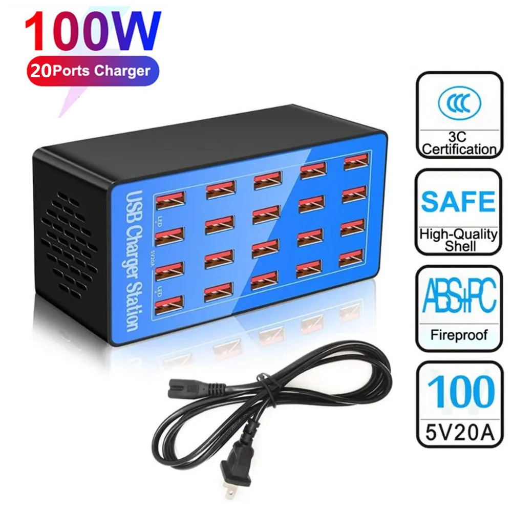 

Зарядная Станция USB, 20 портов 100 Вт, зарядная станция с несколькими USB-портами, зарядное устройство с USB-портами для планшетов Iphone13, 12, XS, Samsung, Xiaomi.