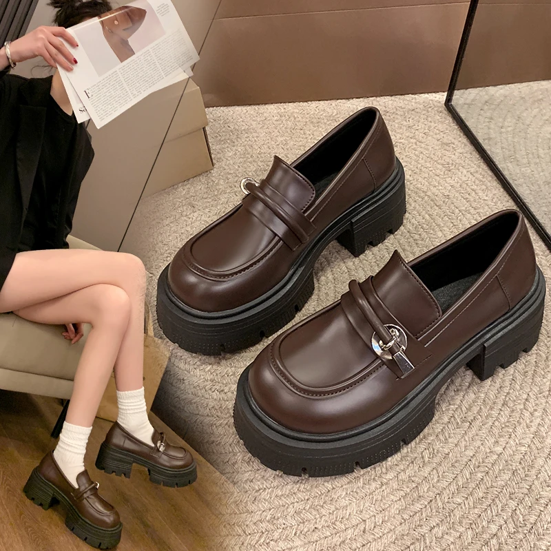 

Loafers Thick-soled Leather Autumn and Winter Women's Small Leather Shoes Casual Triangle Women's Shoes Mary Jane Shoes
