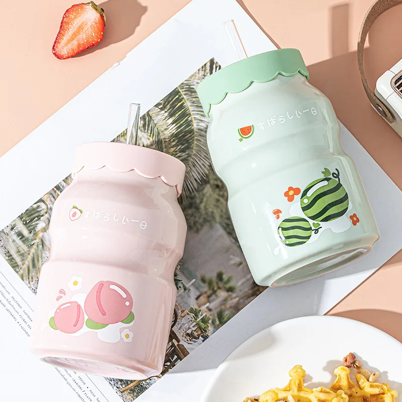 

Japanese Ceramic Milk Cup Creative Children's Student Mug with Straw Household Cartoon Cute Hand Drinkware Gift