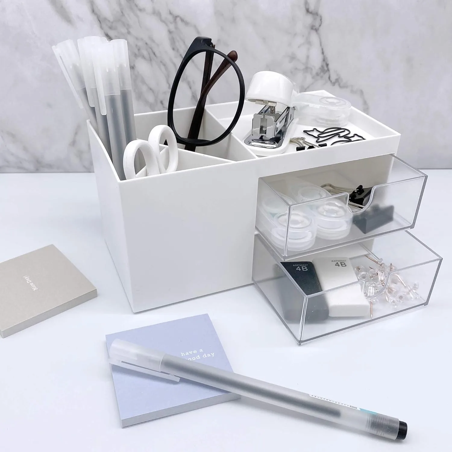 1 Piece Pen Holder 2 Drawers Multifunctional Pen Holder Desktop Storage Box for Desk Office Supplies Dresser Desktop Organizer