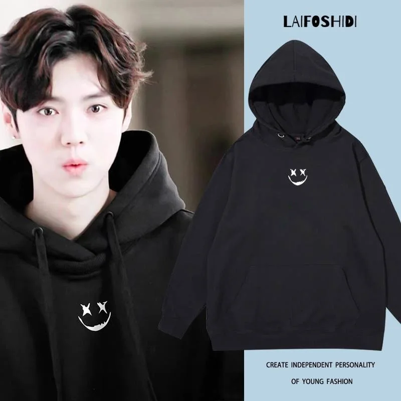 

Oevl Lu Han and Gong Jun's Same Style Smiling Face Black Sweater 2021 Spring and Autumn Thin Wine Red Men's and Women's Hooded