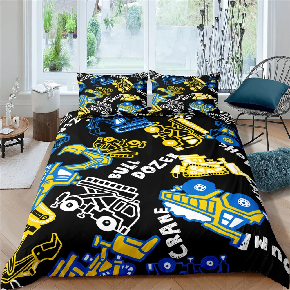 Boys Cartoon Car Bedding Set Full Construction Vehicles Comforter Cover for Kids Children Cartoon Machinery Truck Duvet Cover 