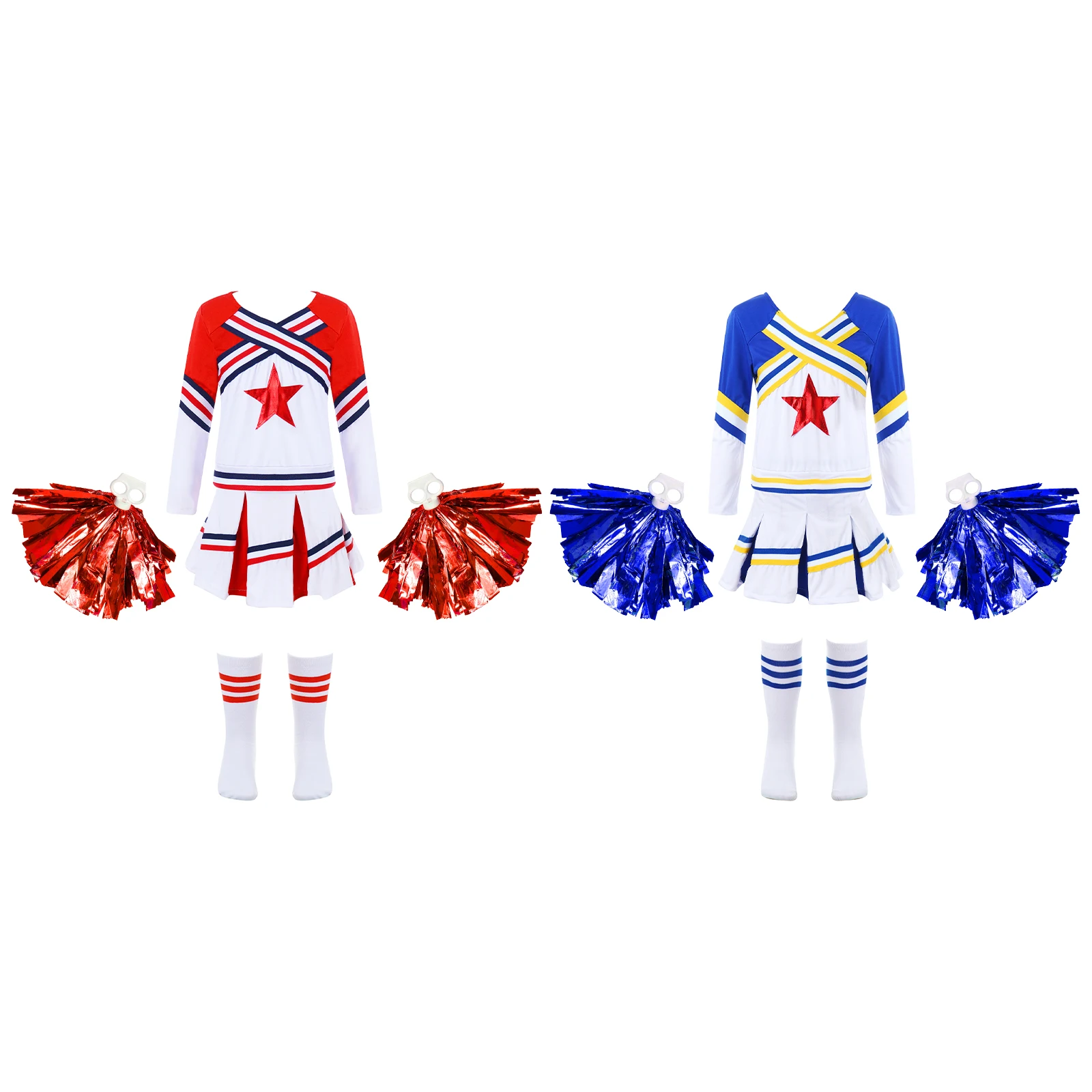 Kids Girls Cheerleading Cheer Dance Competition Costume Long Sleeve Shirt Skirts with Socks And Flower Balls Dancing Cosplay Set
