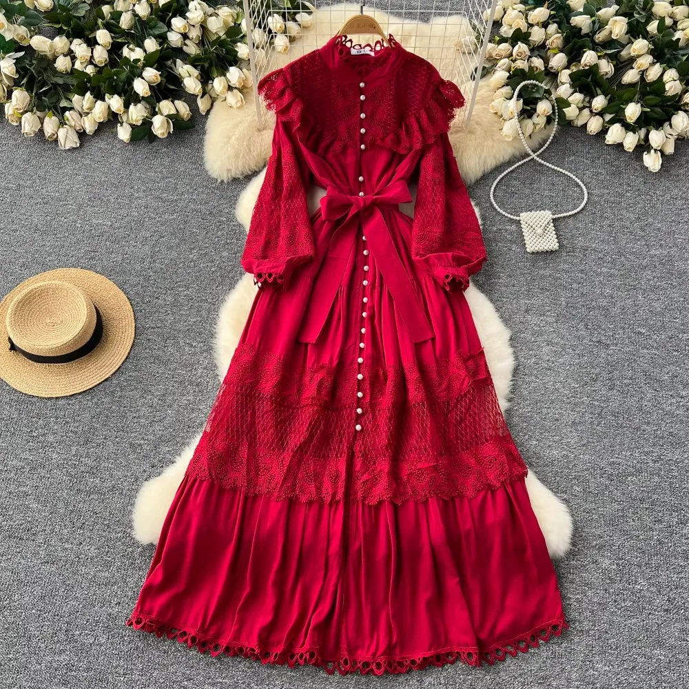French Series Ruffle Hollow Out Lace Spliced Stand Collar Bandage Long Dress Women's French Waist