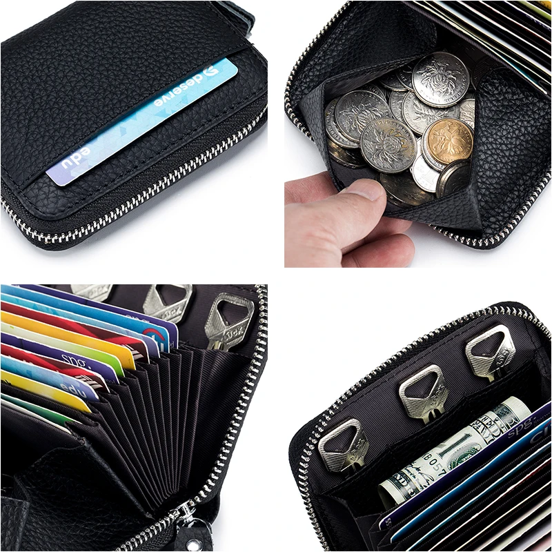 Genuine Leather RFID Blocking Business Card Holder Men's Women's Cowhide Credit Card Holder Large Capacity Zipper Fashion Wallet