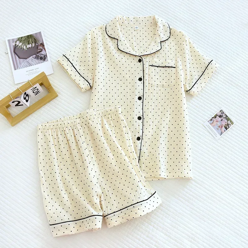 도트 프린팅 코튼 반바지 잠옷 정장 여성용 여름 얇은 반팔 카디건 셔츠 탑스, 짧은 바지 홈웨어 슈트