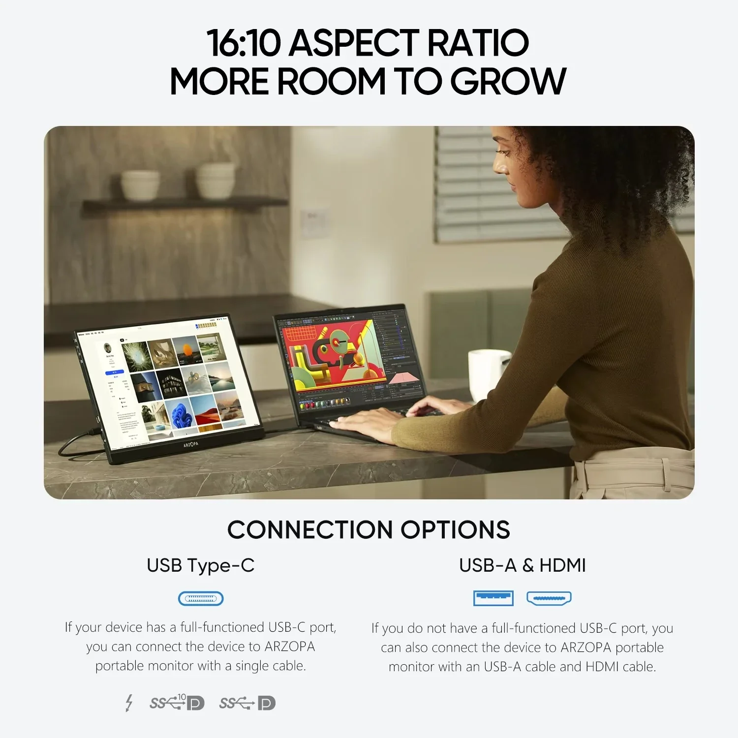 ARZOPA 16인치 2.5K QHD 휴대용 모니터 16:10 IPS 화면, 타입-C 미니 HDMI 지원, MAC/노트북/PC/Xbox/PS/스위치용 보조 디스플레이, Z1RC