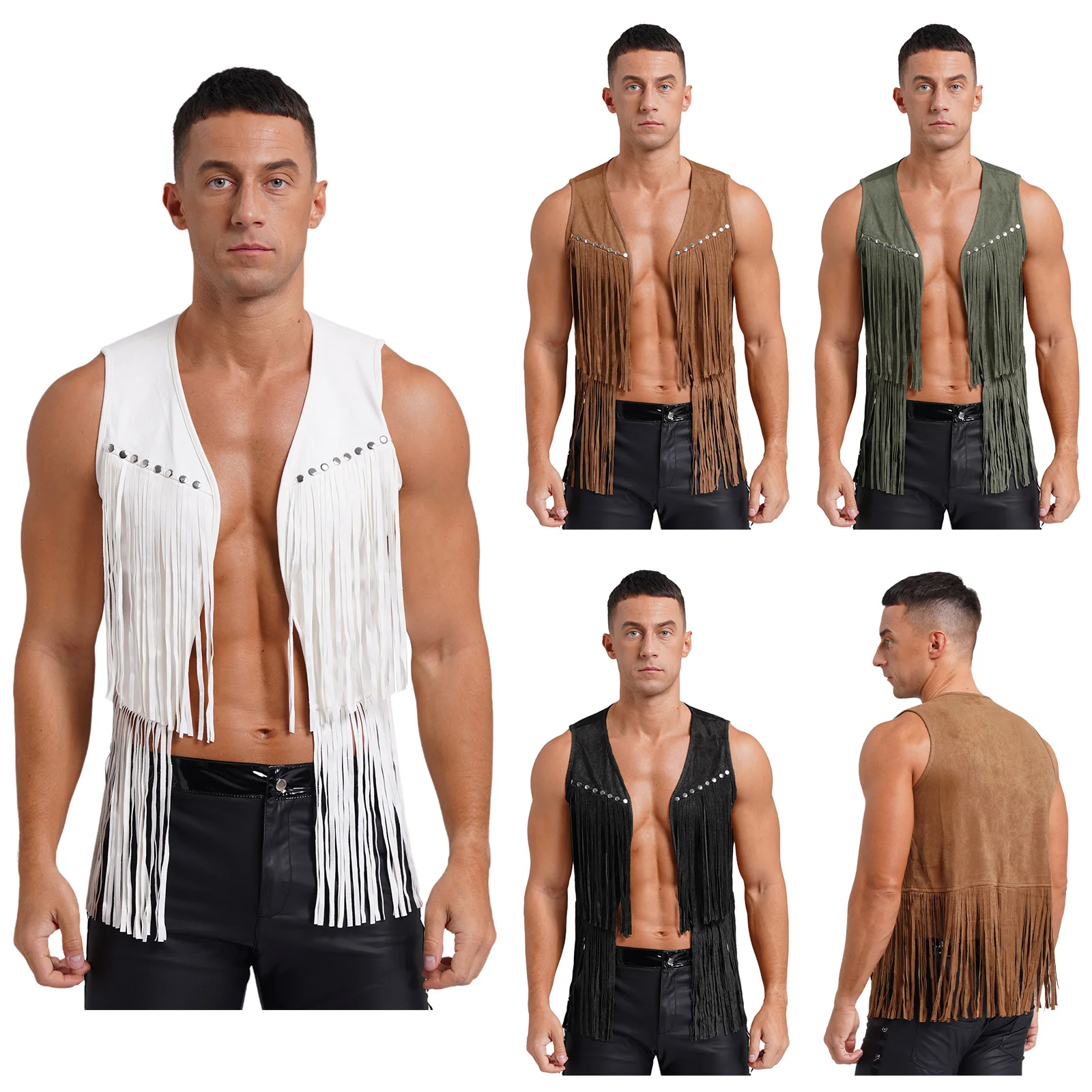 Mens Faux Suede Tassel Vest Western Cowboy Vest Fashion Rivets Fringe Waistcoat Open Front Sleeveless Jacket 3