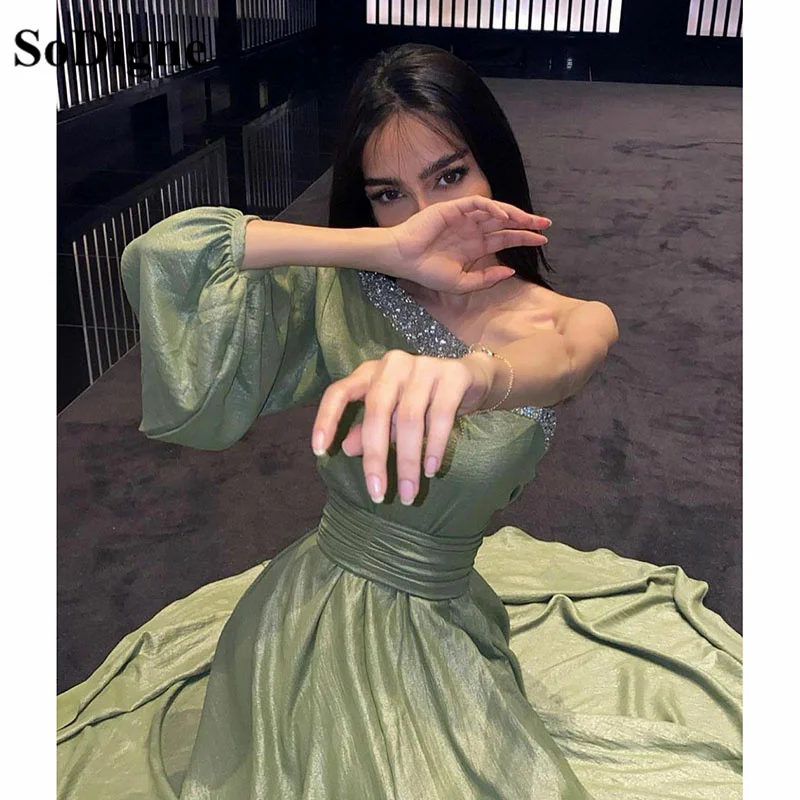 

SoDigne Taffeta Evening Dresses One Shoulder Glitter Sequin Neck Arabic Long Prom Gowns Formal Occasion Dress Women
