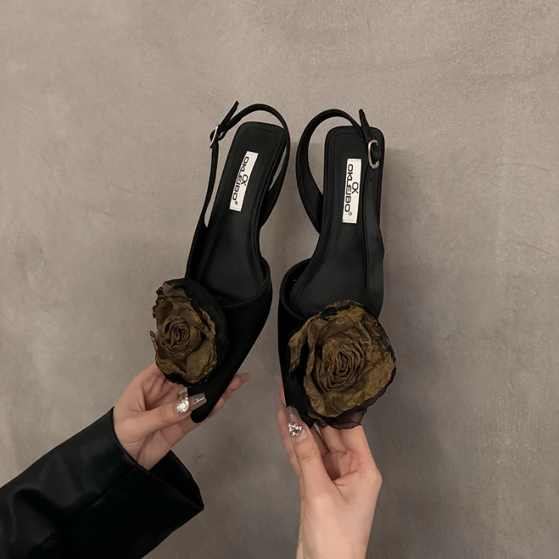Women's Silk Flower Decorative Single Shoes Sexy Transparent PU Pointed Slingbacks High Heels Party Dress Women's Sandals Summer