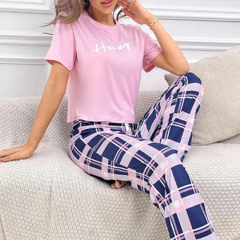 Women's Pajamas Set Soft Comfortable Letter Print T-Shirt & Plaid Long Pants Sleepwear 2 Pieces Home Clothes Loungewear Pyjama