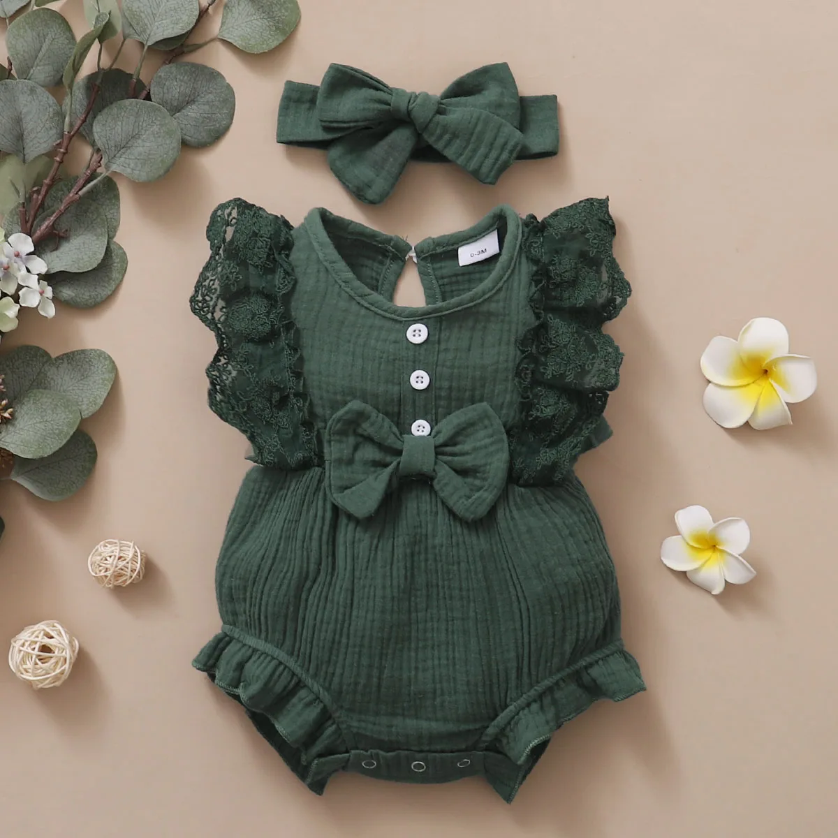 0-18 Months Newborn Baby Girl Plain Soft Bodysuit Lace Flared Sleeve Summer Romper with Headband Toddler Baby Girl Clothing 5