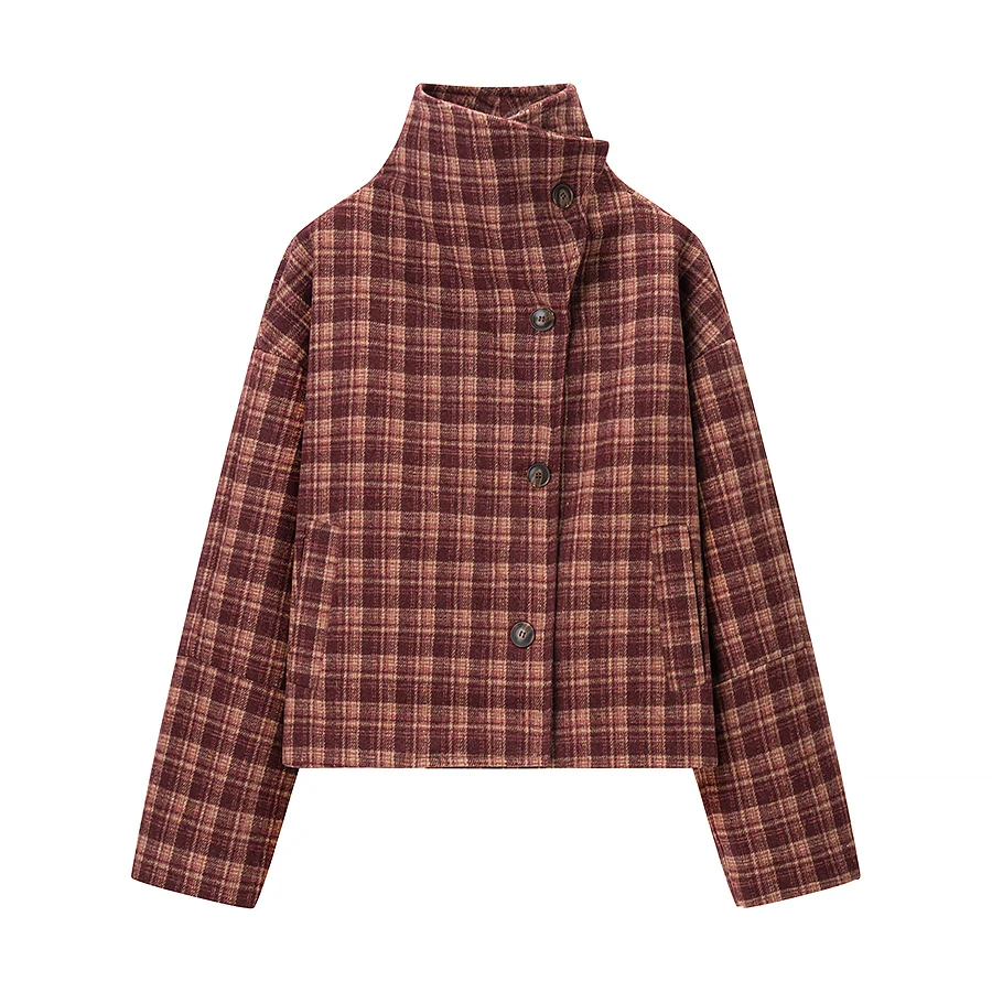 Women's Vintage Chequer Woolen Coat Female Stand Collar Long Sleeved Casual Short Jacket Lady Autumn Winter Outerwear Streetwear