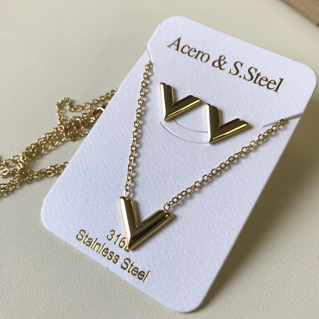 V Letter Necklace And Earring Set, Men's Stainless Steel Jewelry,  Three-piece Jewelry For Men And Women, V-shaped Bracelet - Temu