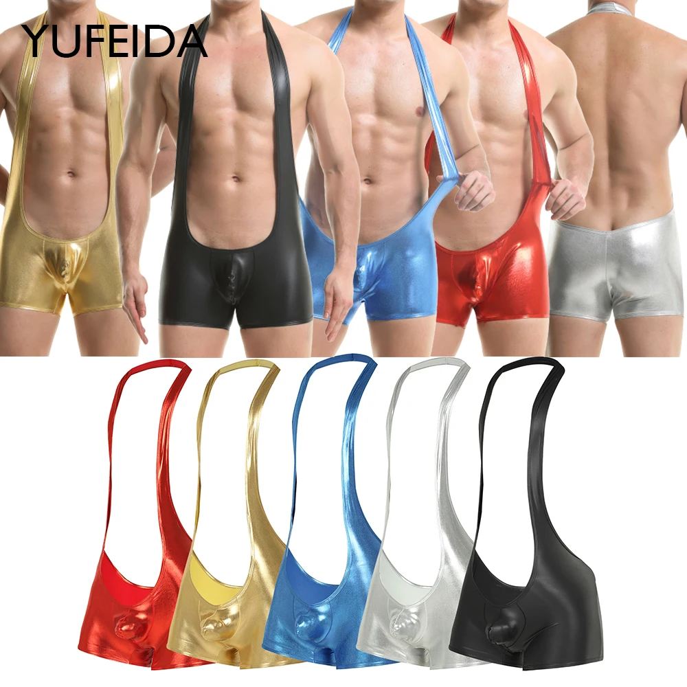 

YUFEIDA Sexy Men's Undershirt PU Leather Wrestling Singlet Boxer Bodysuits Backless Jumpsuit Suspender Teddies Underwear Leotard