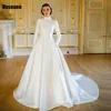 Muslim Exquisite A-line Wedding Dresses High Collar Belt Draped Pleat Brush Train Satin Bride Gown Floor Length robe de mariée 1