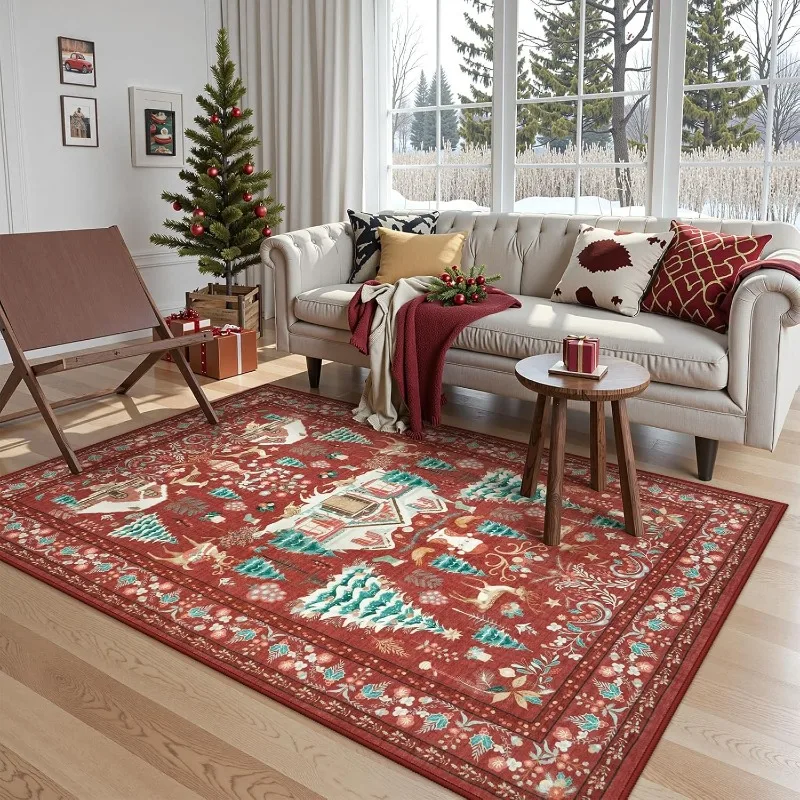 Christmas Themed Living Room Carpet Christmas Tree Reindeer Print Bedroom Rugs Machine Washable Non-slip Coffee Table Mats Tapis