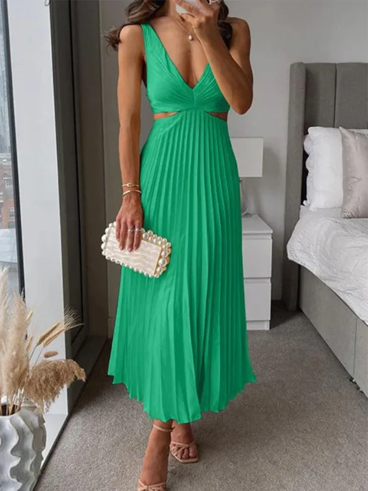 Elegant Long Summer V-neck Sleeveless Hollow Out Backless Sexy Dress . S-xxL