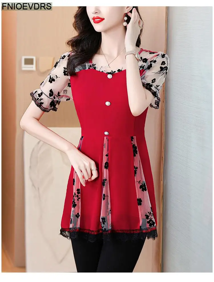 Hot Sales Autumn 2024 Women European Fashion Elegant Black Shirt Sheer Mesh Ruffles Casual Tunic Belly Peplum Tops And Blouses