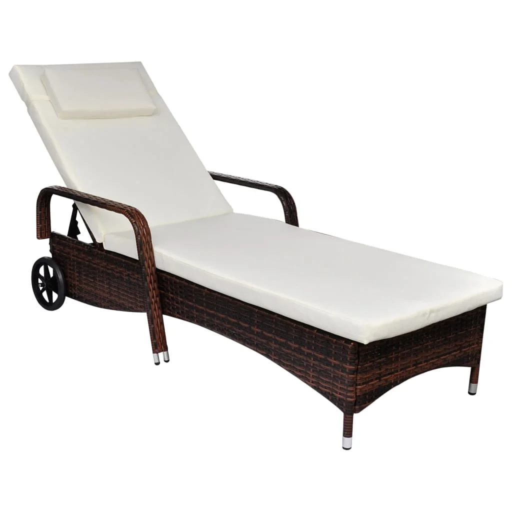 Outdoor Patio Garden Sun Lounger Lounge Chairs for Pool Outside Deck with Cushion & Wheels Poly Rattan Brown