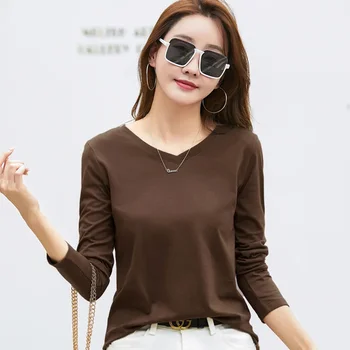Cotton Women's V-Neck T-Shirt 2026 Long Sleeve Solid Color Versatile Women Bottom Shirt Interior Woman T Shirts Tops Basic Tees 1
