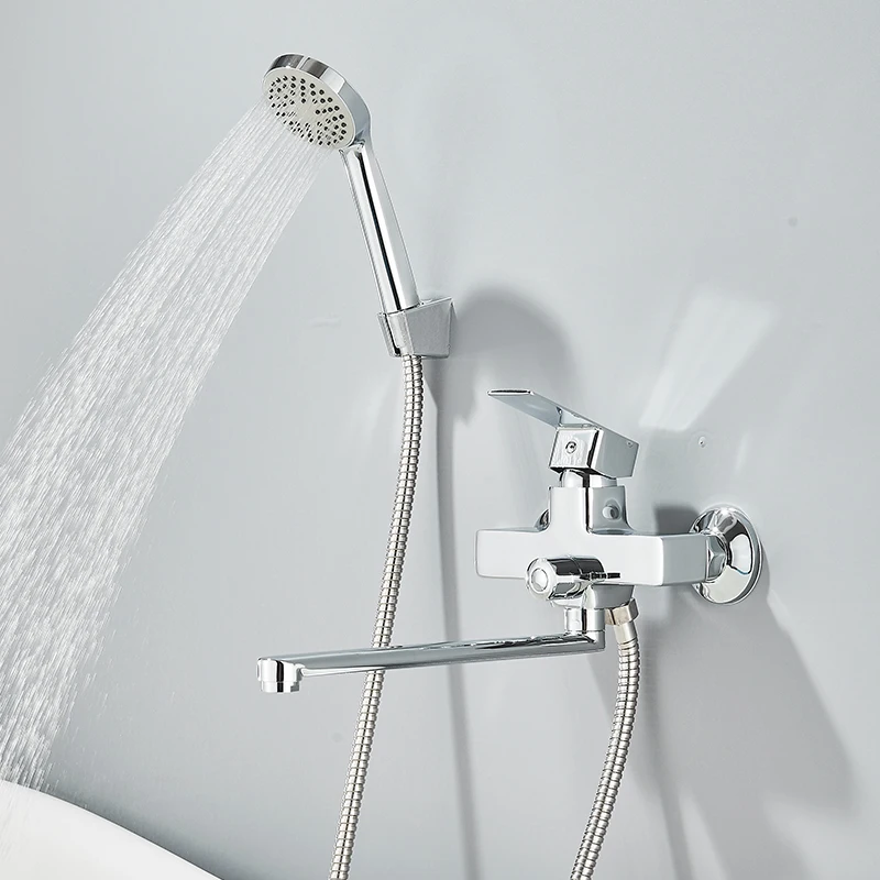 Chrome Long Spout Bathtub Shower Faucet Wall Mounted Hot Cold Mixer Swivel Tub Spout Bath Tap 2-ways Water Outlet Crane 30cm 3