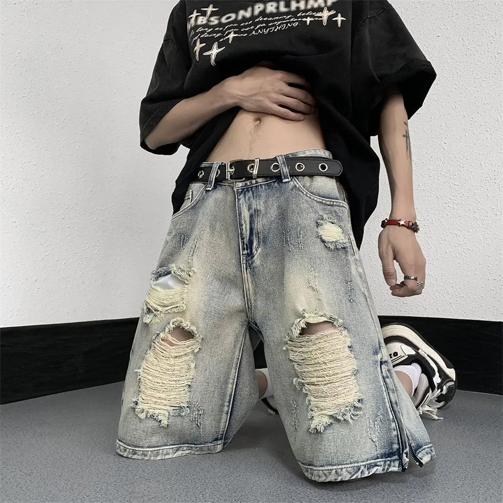 Men's High Street Ripped Denim Versatile Loose and Handsome Shorts