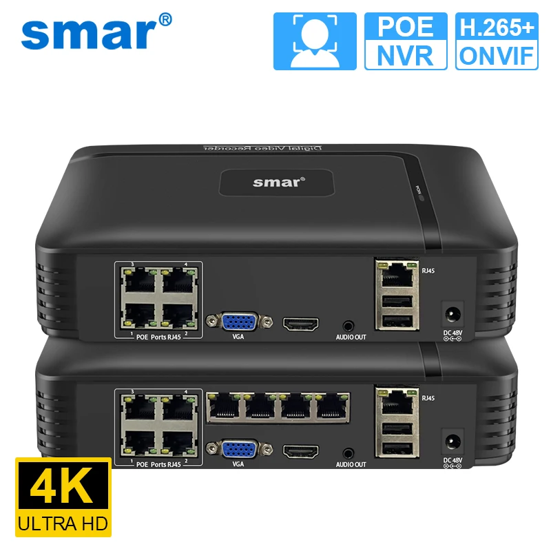 Smar 4CH/8CH 1080P 5MP 4K POE NVR H.265 Network Surveillance System Audio Out For Camera Recorder Video P2P XMEYE AI Face Detect