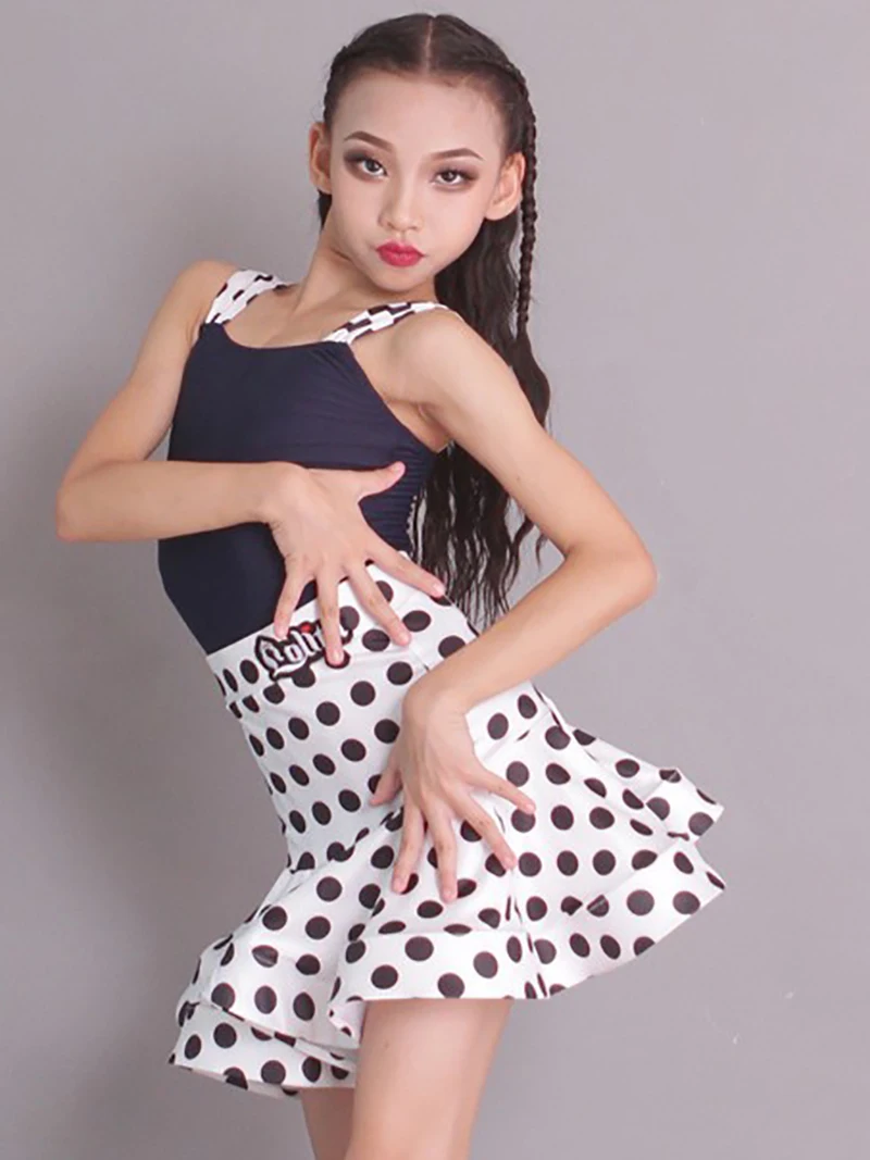 

Lolita Children Professional Latin Dancewear Swing Skirt Kid Girl Dot Print Suit Ballroom Dancing Rumba Chacha Costume