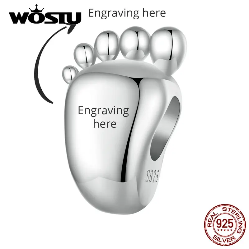 Wostu 925 Sterling Silver Lovely Baby Footprint Charms Personalizzabile Family Beads Fit Braccialetto Originale Regalo Di Gioielli Appena Nati Fai Da 