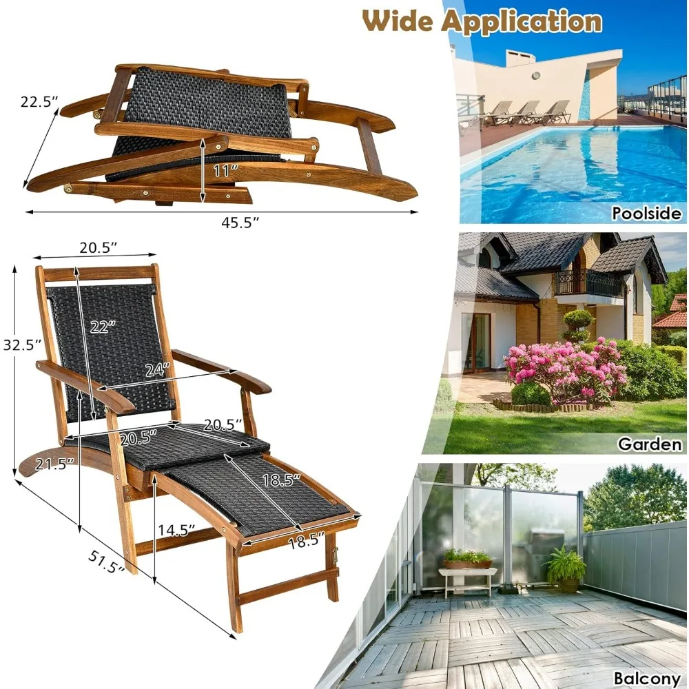 Patio Chaise Lounge Chair - Acacia Wood Folding Rattan Wicker Chair w/Retractable Footrest, Space-Saving Ergonomic 3