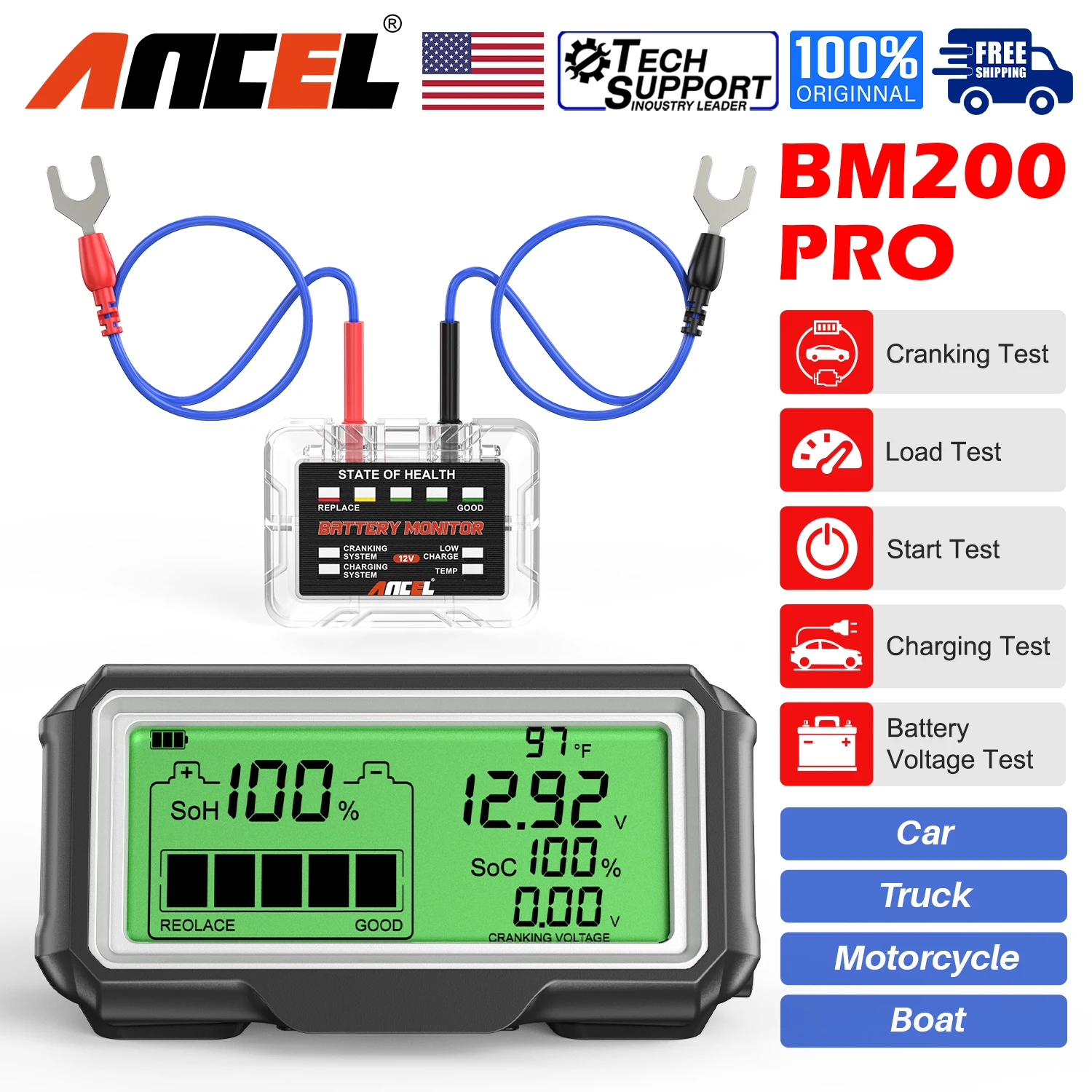 ANCEL BM200 PRO LED Battery Tester Monitor Display Battery Health SOH SOC Tester Analyzer Charging Tester Tools for 12V Battery
