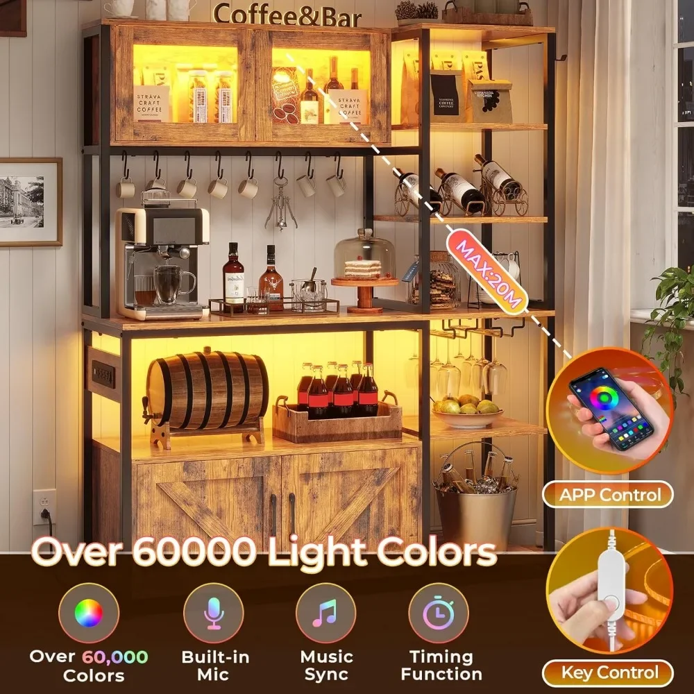 Itaar Bakers Rack with Power Outlet and LED Light, 45.3 Inch Farmhouse Coffee Bar Cabinet, Kitchen Microwave Stand with Storage 6
