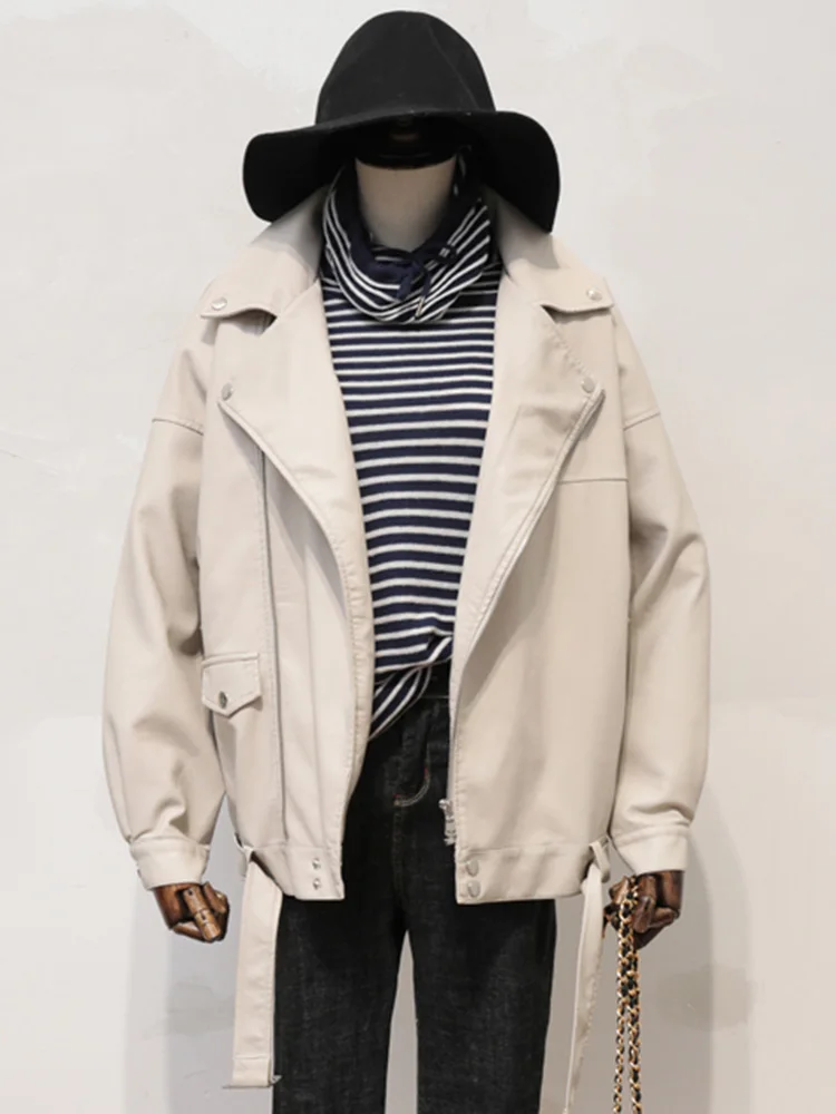 Aelegantmis Loose Women Soft Faux Leather Jacket With Belt Black Pu Leather Biker Jacket Lady Basic Coat Street Casual Outerwear
