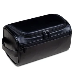 Premium Leather Travel Toiletry Bag - Unisex Hanging Dopp Kit and Large Cosmetic Organizer - 25x13x13CM (Black)