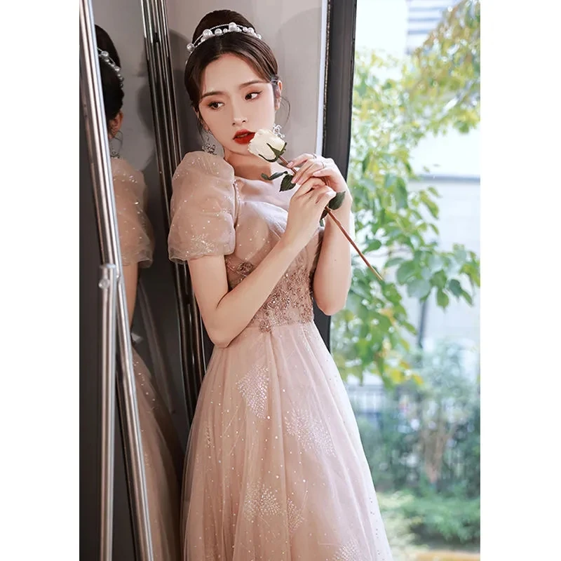 Evening Party Dresses for Women 2025 New Light Luxury High End Luxury Dress Banquet Style Champagne Long Summer Short Sleeeve LA