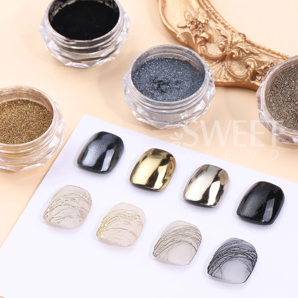 4pcs Y2K Metallic Chrome Nail Glitter Powder Punk Silver Black Metal Mirror Pigment Rubbing Dust DIY Charm Manicure Decoration