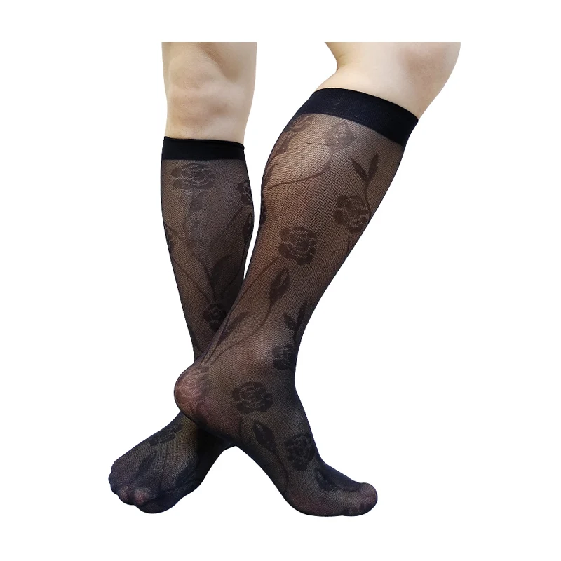 

See Through Black Floral Mens Business Socks Formal Dress Suit Sexy Lingerie Stocking Softy Knee High Long Tube Socks For Male