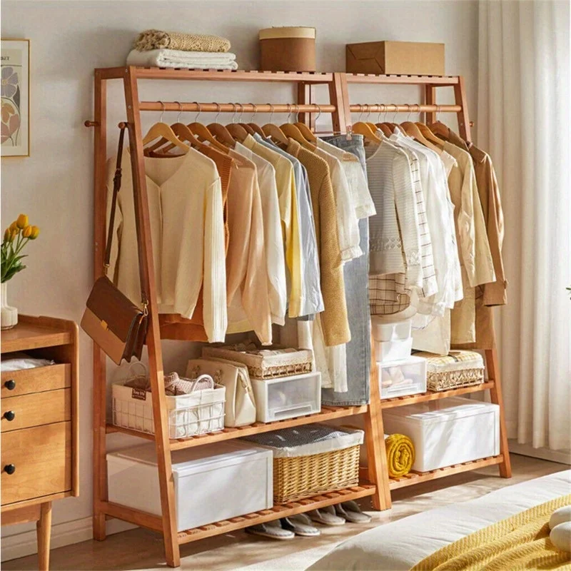 Bamboo Clothes Hanging Garment Rack Heavy Duty Laundry Rack Cloest Storage Shelf 2